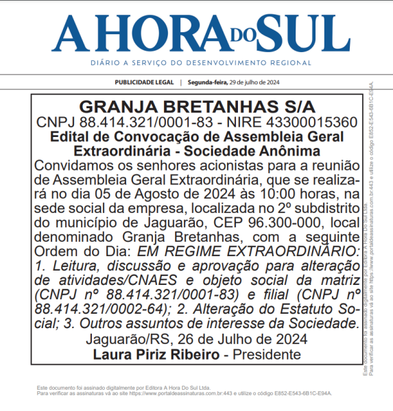 Publicidade legal – Granja Bretanhas S/A