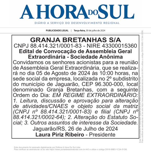 Publicidade legal – Granja Bretanhas S/A