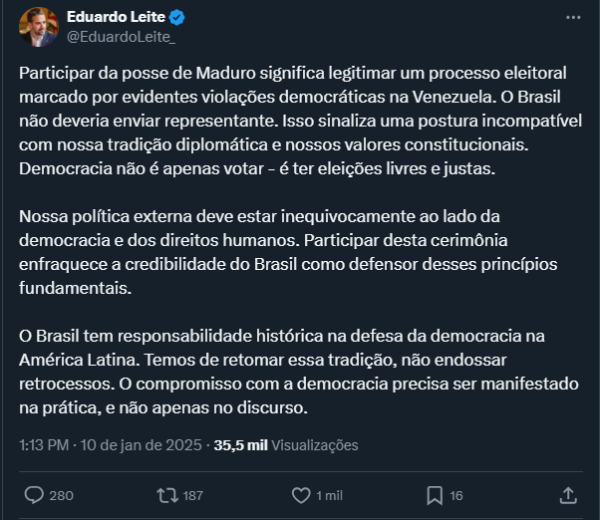 Leite critica representação brasileira em posse de Maduro